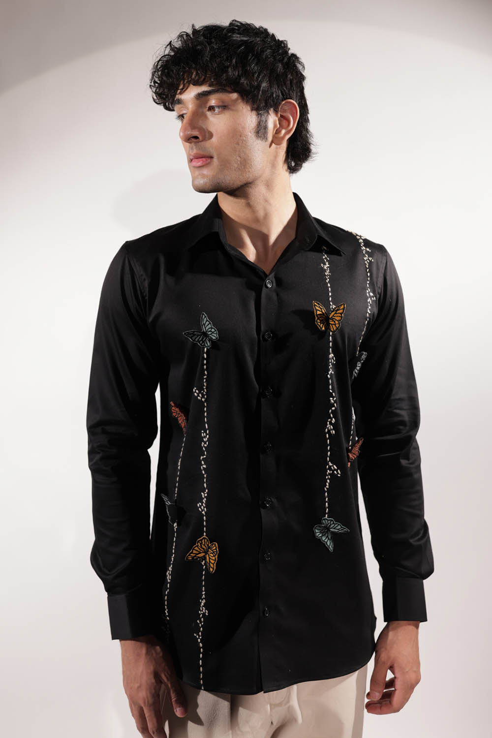 Black Kantha Shirt with 3D Butterflies