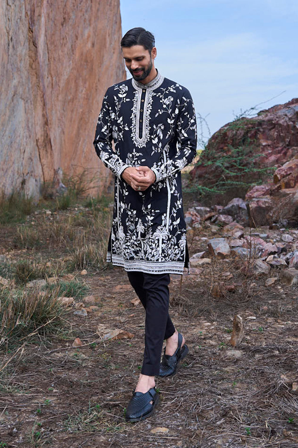 Black Long Palm Tree Kurta Set