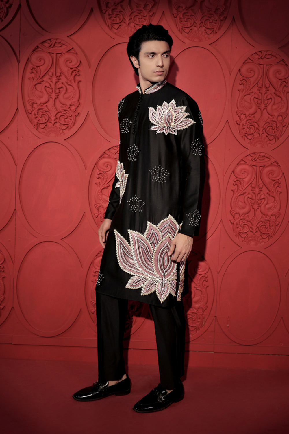 Black Lotus Embroidered Kurta Set