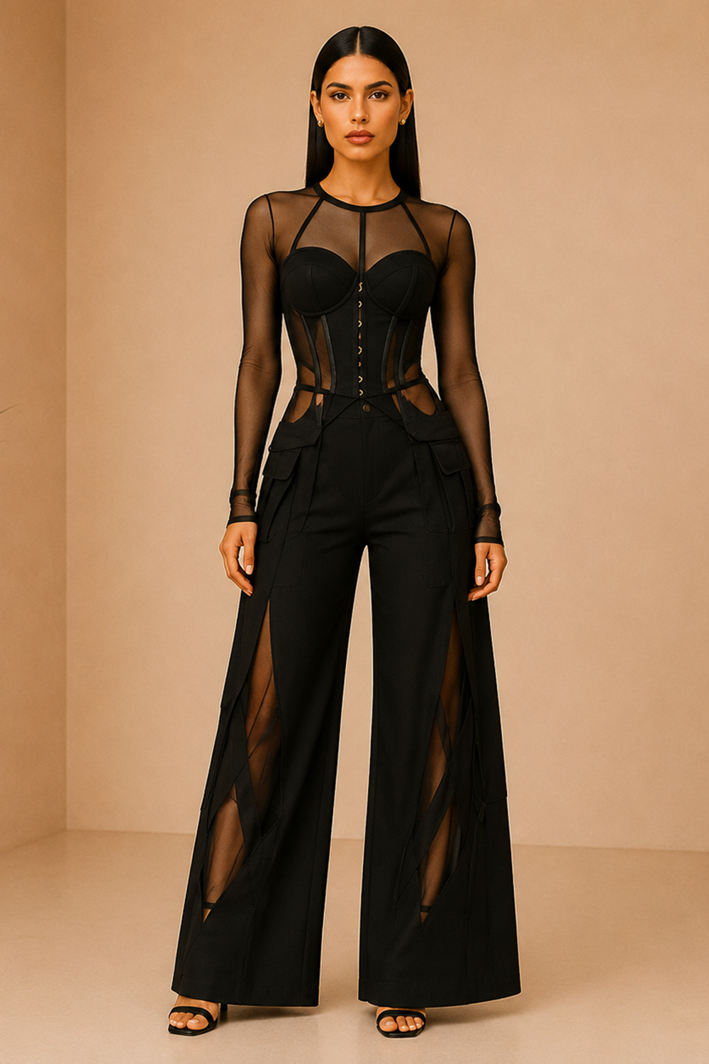 Black Mesh Corset Top & Wide-Leg Pants Co-Ord Set