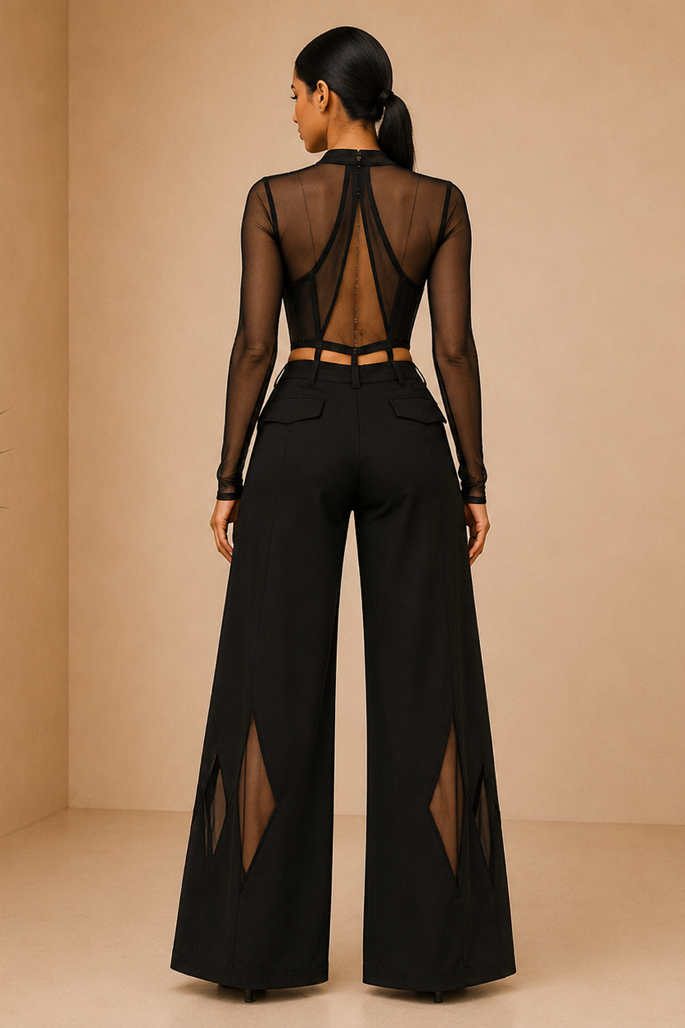 Black Mesh Corset Top & Wide-Leg Pants Co-Ord Set
