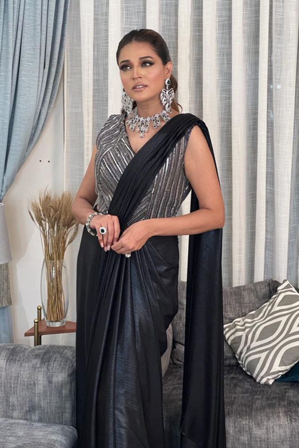 Black Metallic Lycra Saree Gown