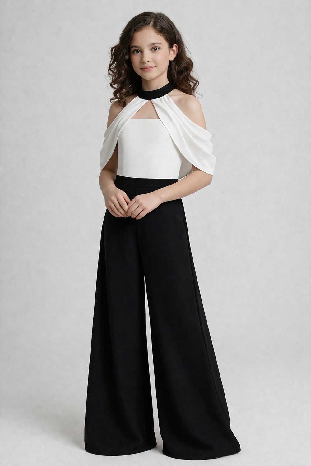 Black N White Jumpsuit Featuring A Draped Neckline N Cold Shoulder