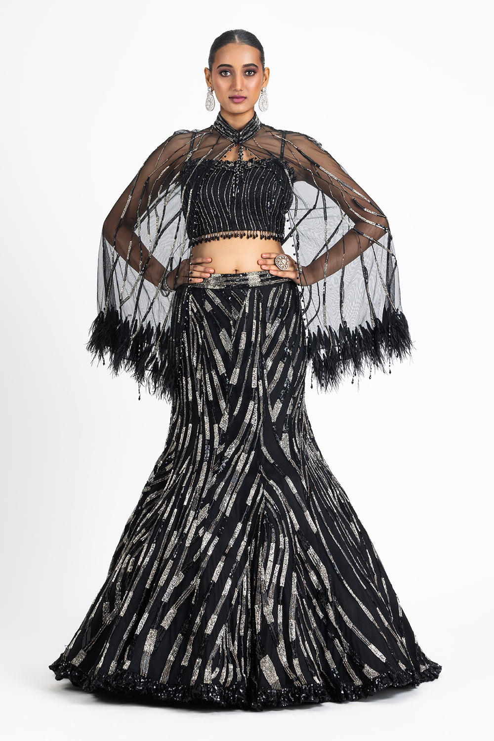 Black Net Fishtailed Skirt And Blouse With Cape