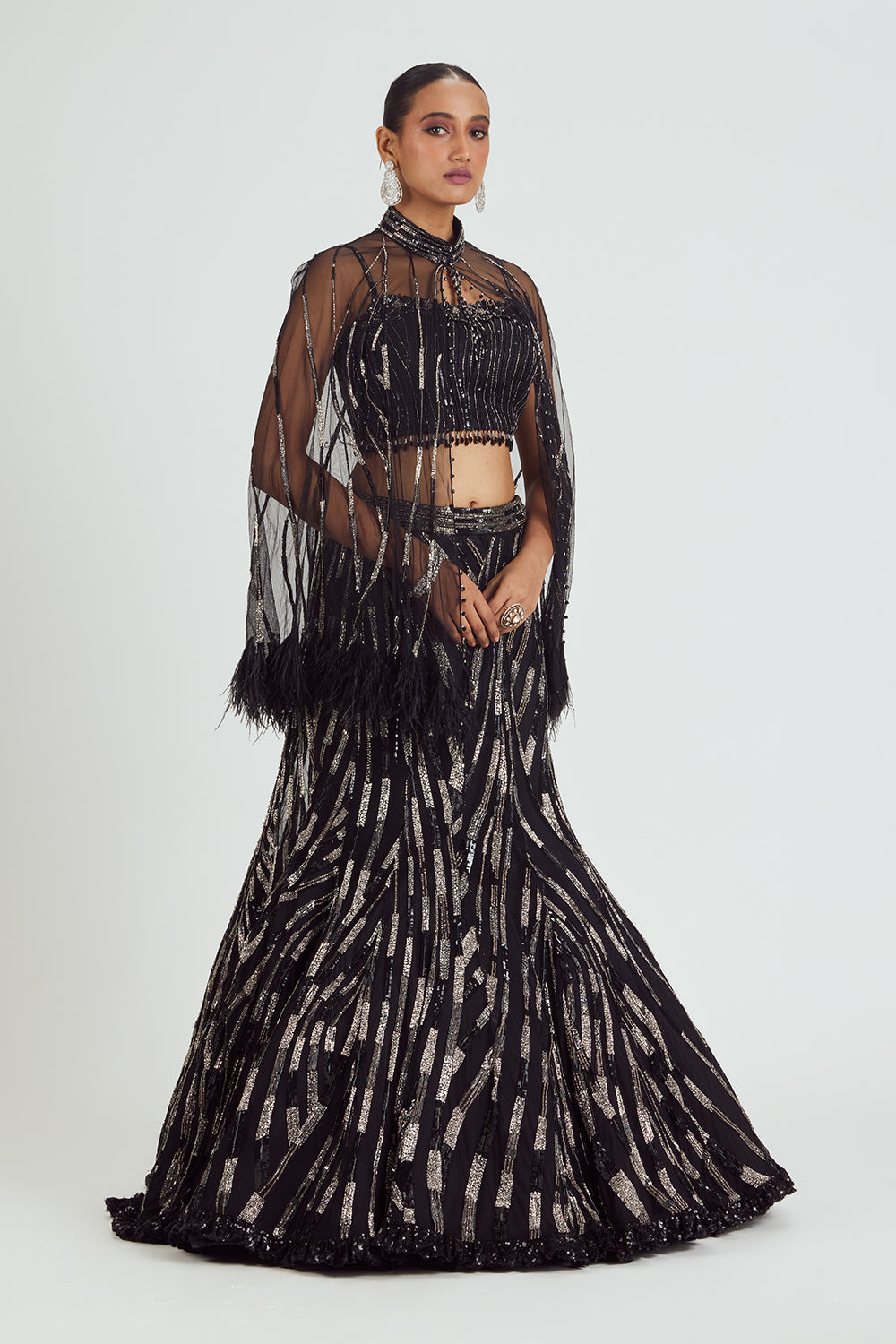 Black Net Fishtailed Skirt And Blouse With Cape