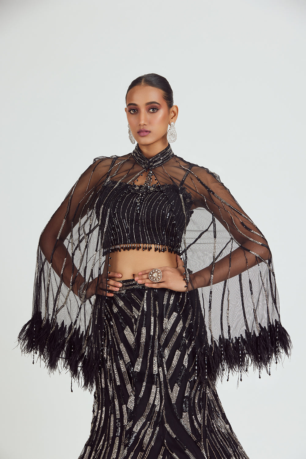 Black Net Fishtailed Skirt And Blouse With Cape