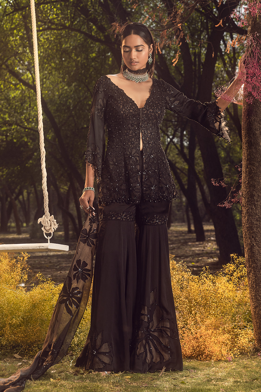 Black Nude Peplum Garara Set With Bustier