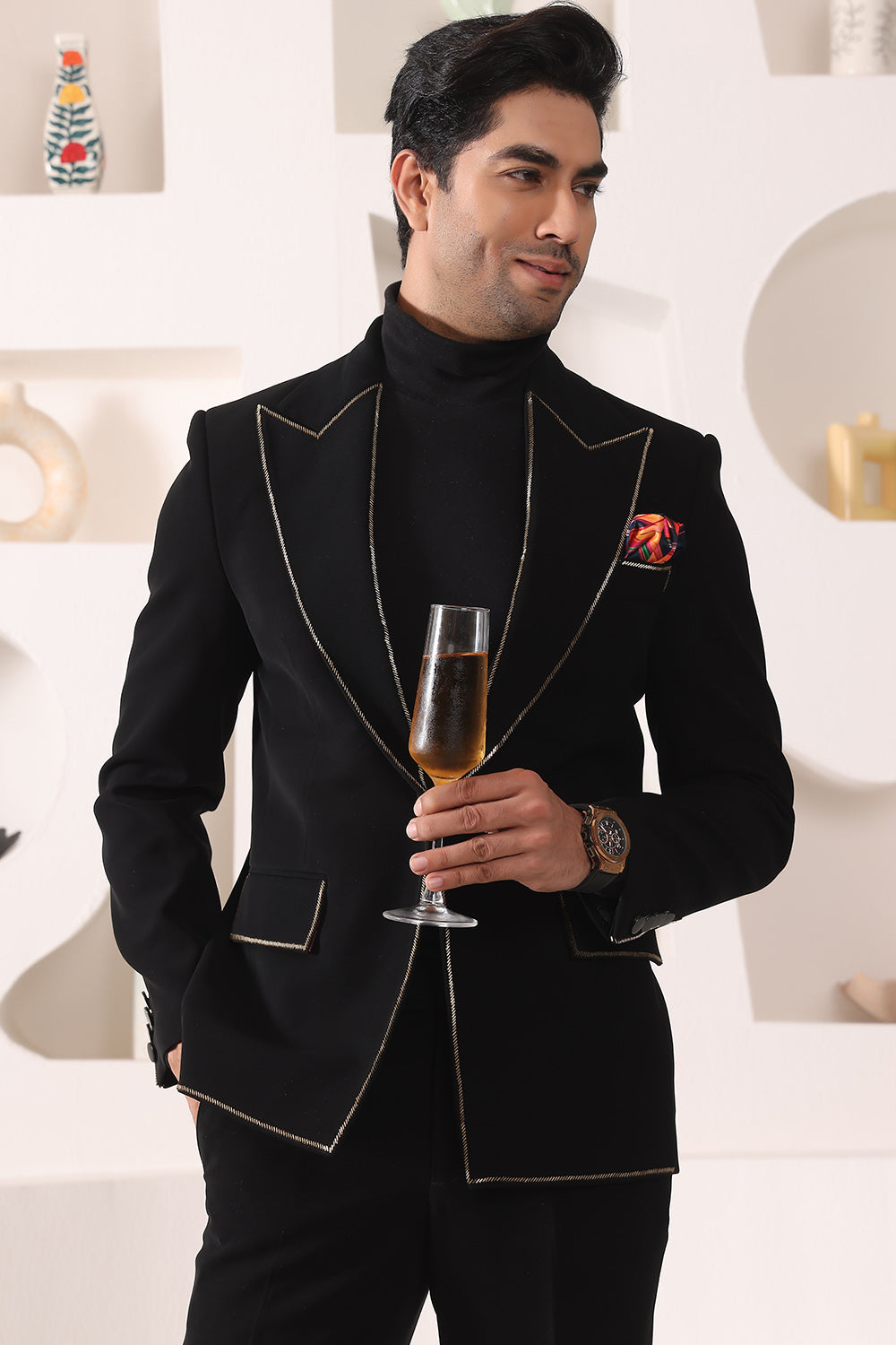 Black Peak Lapel Suit with Zari Details