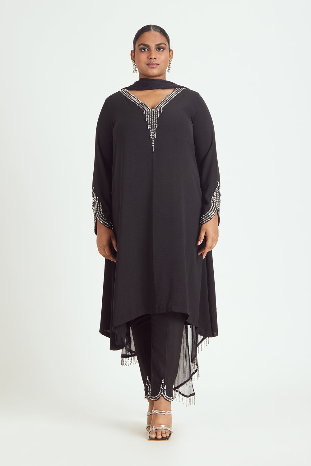 Black Satin Kurta With Trouser With Gunmetal Embroidery With A Chiffon Dupatta