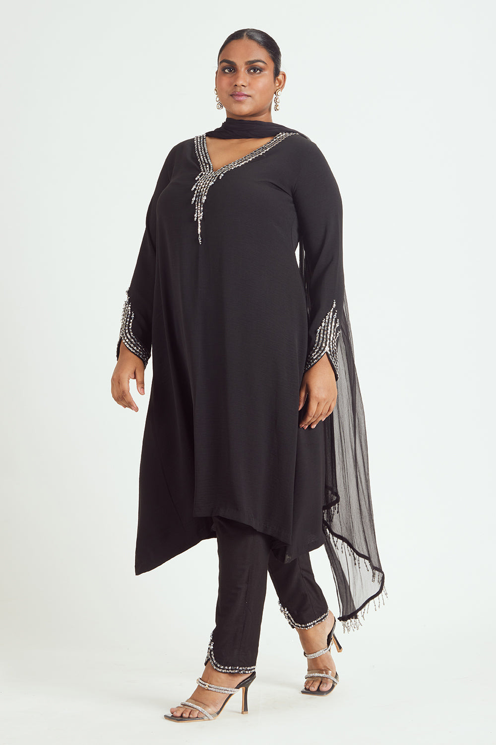 Black Satin Kurta With Trouser With Gunmetal Embroidery With A Chiffon Dupatta