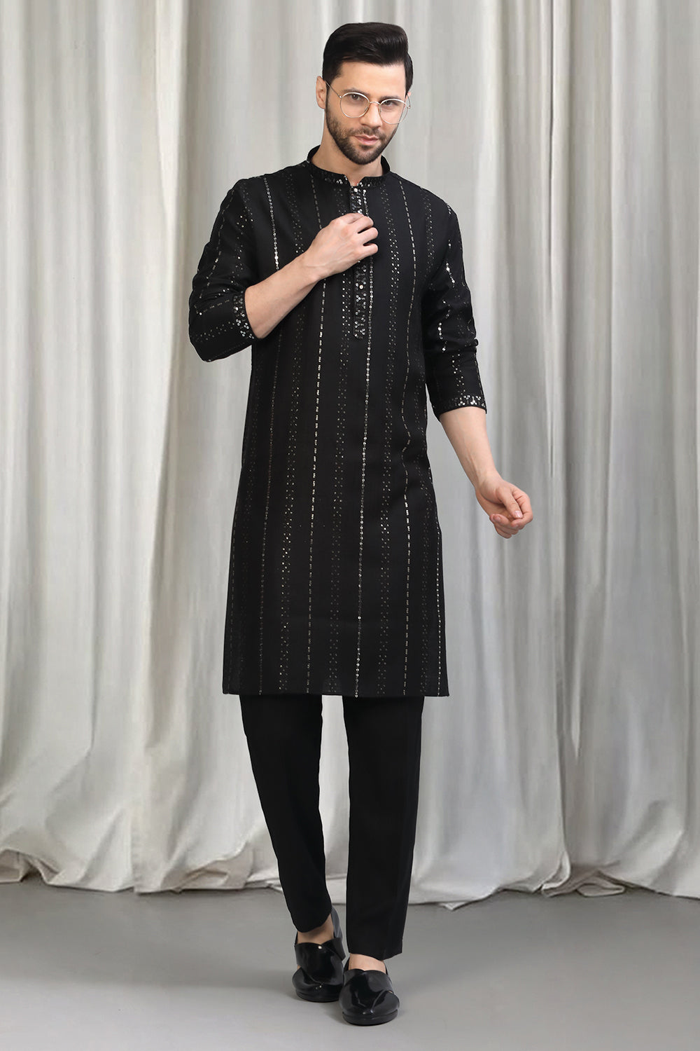 Black Silver Stripe Embroidered Kurta Set With Back Elastic Pants