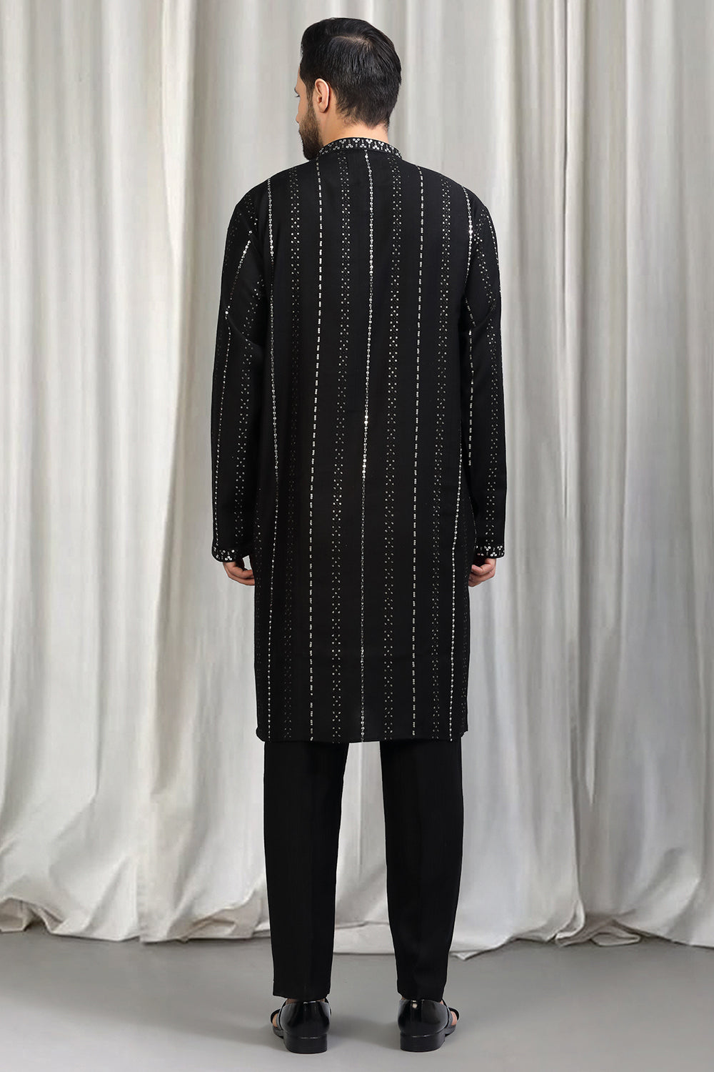 Black Silver Stripe Embroidered Kurta Set With Back Elastic Pants