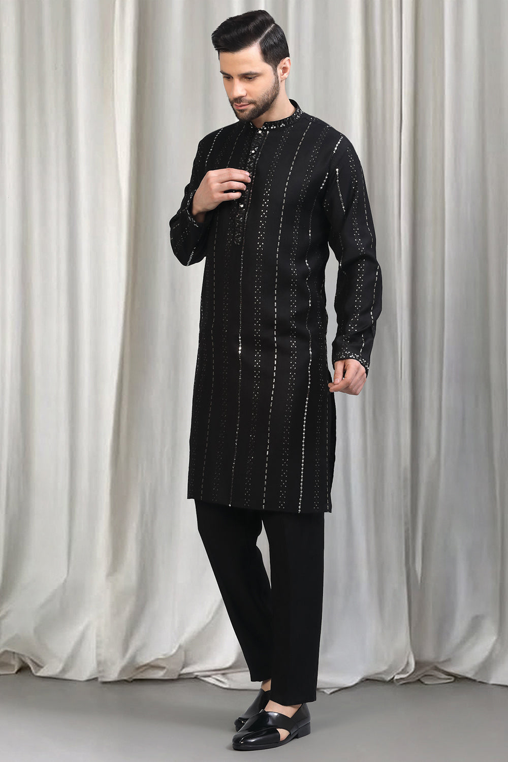 Black Silver Stripe Embroidered Kurta Set With Back Elastic Pants