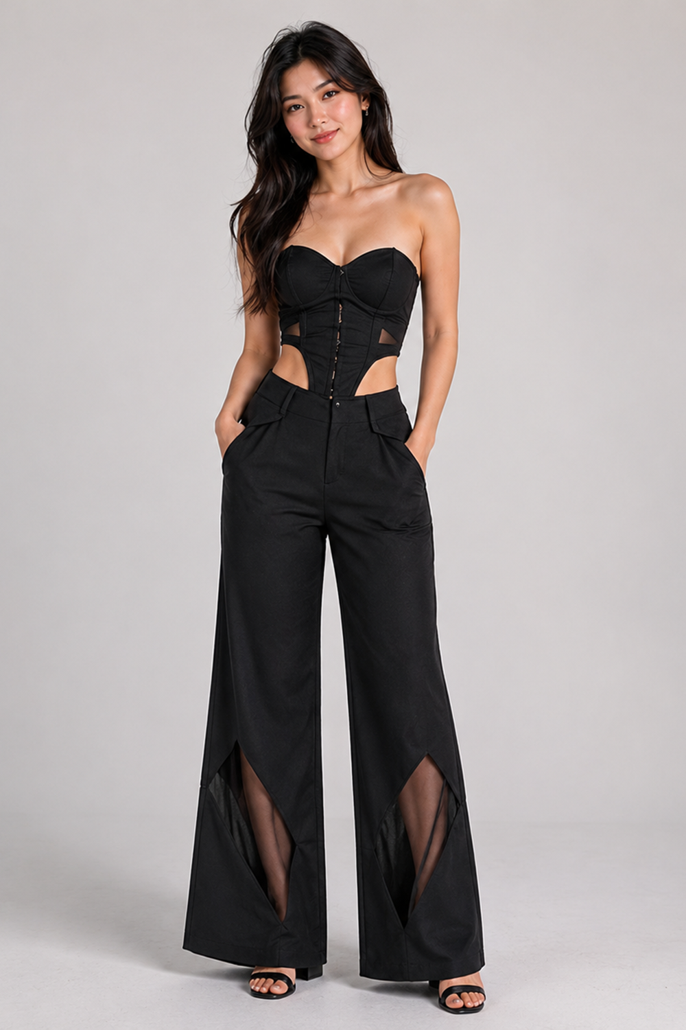 Black Strapless Cutout Waist Corset Top and Pant