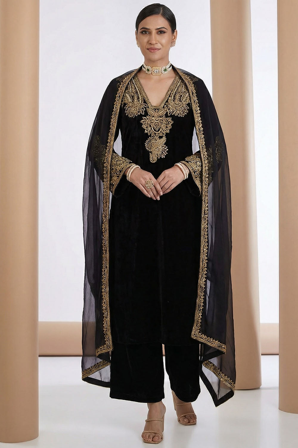 Black Velvet Kurta Set with Organza Dupatta