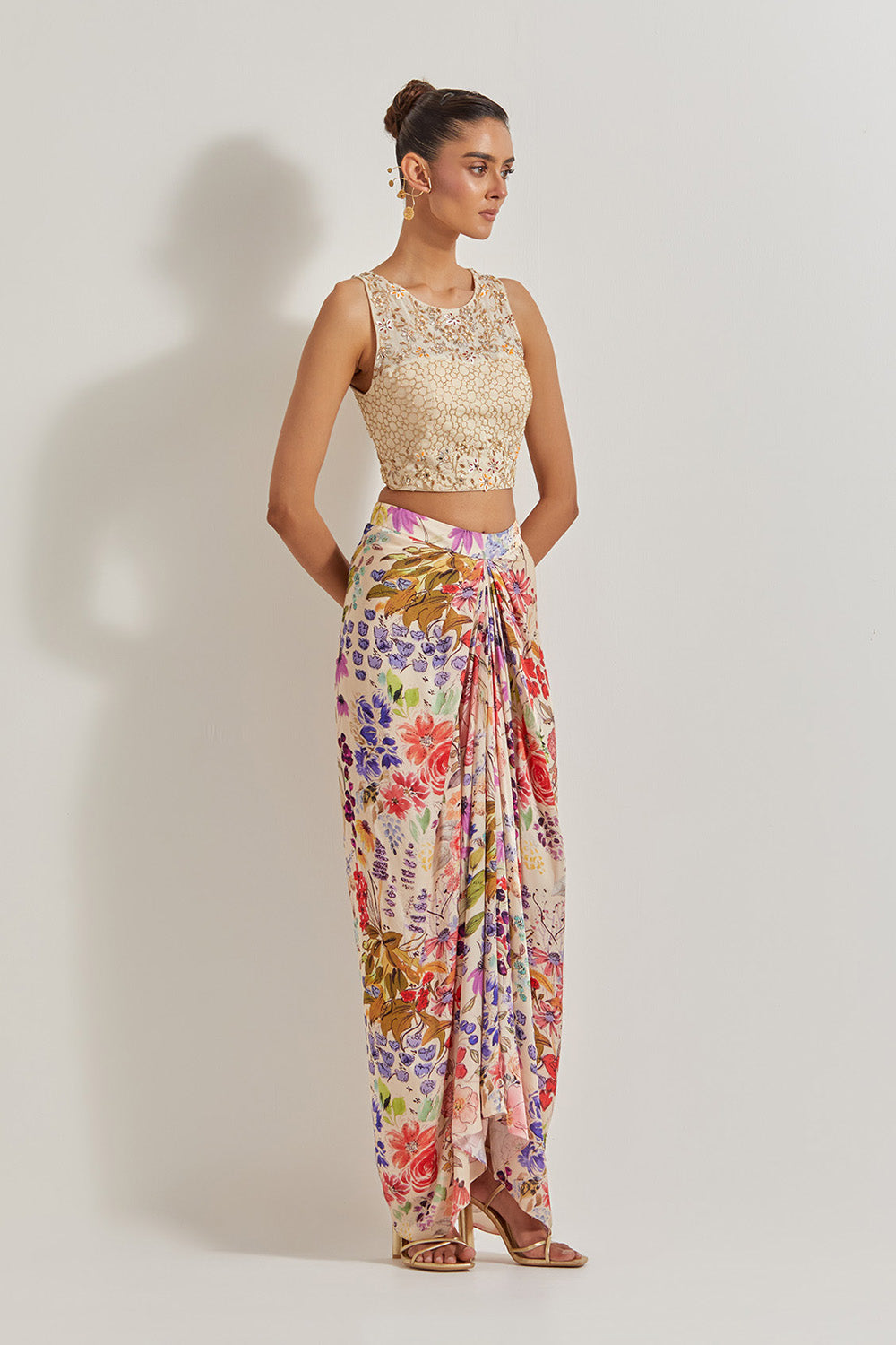 Blooming Burst Hand Embellished Top Paired With Satin Cowl Skirt