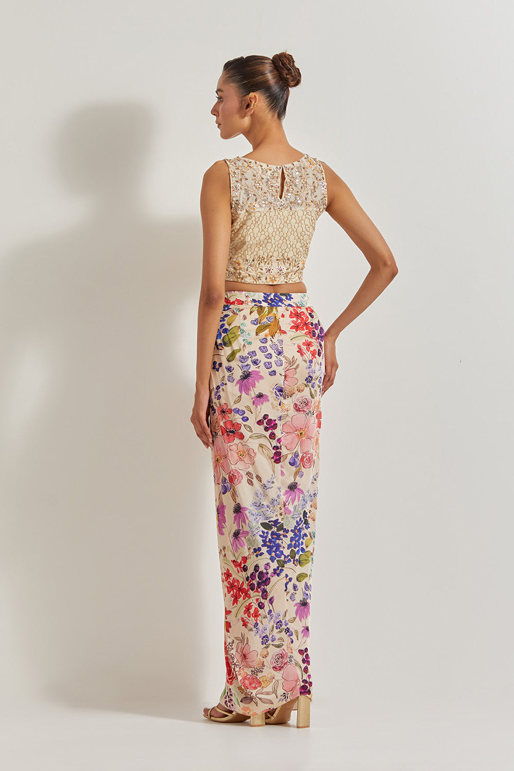 Blooming Burst Hand Embellished Top Paired With Satin Cowl Skirt
