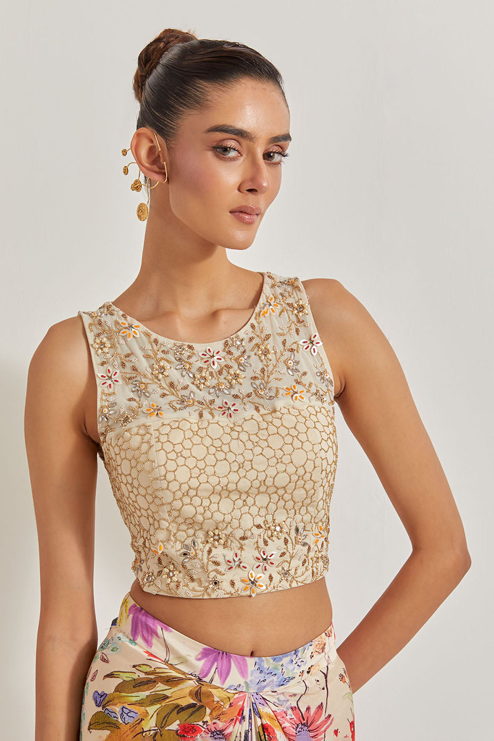 Blooming Burst Hand Embellished Top Paired With Satin Cowl Skirt