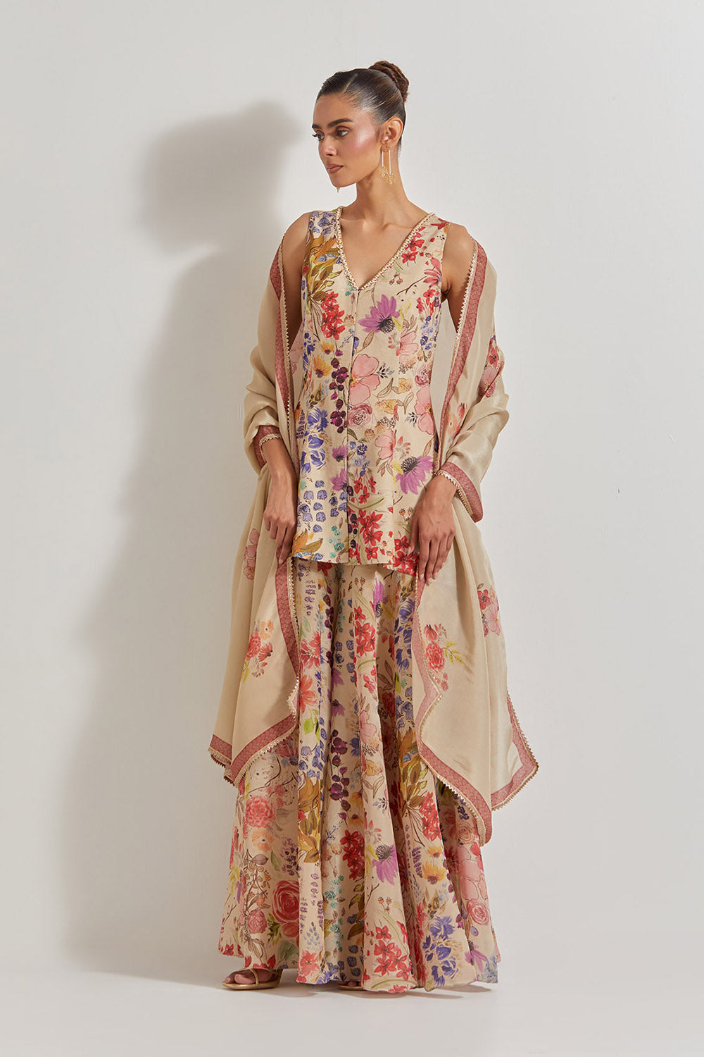 Blooking Burst Tissue Chanderi Peplum Top With Panelled Vicose Tissue Sharara And Dupatta