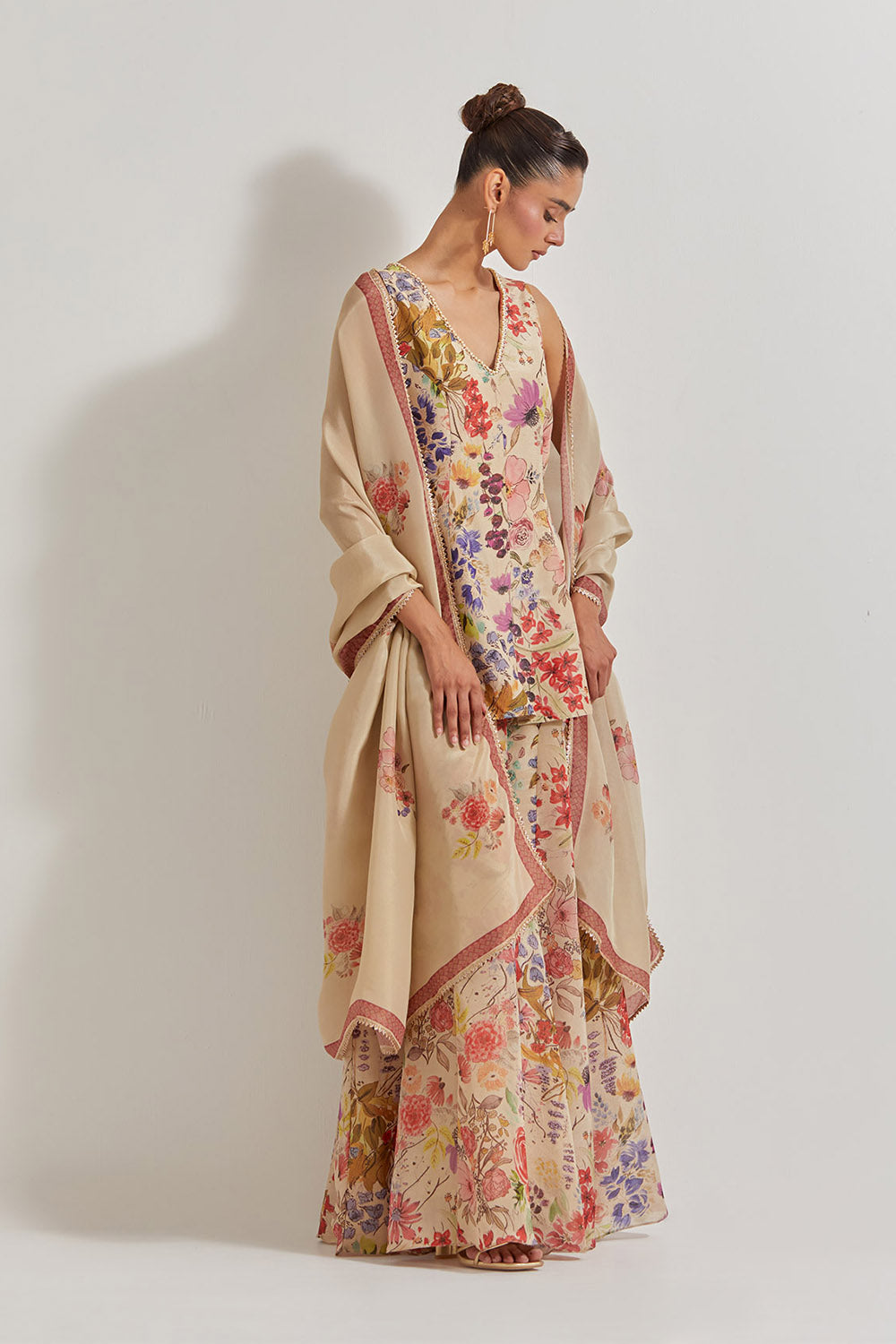 Blooking Burst Tissue Chanderi Peplum Top With Panelled Vicose Tissue Sharara And Dupatta
