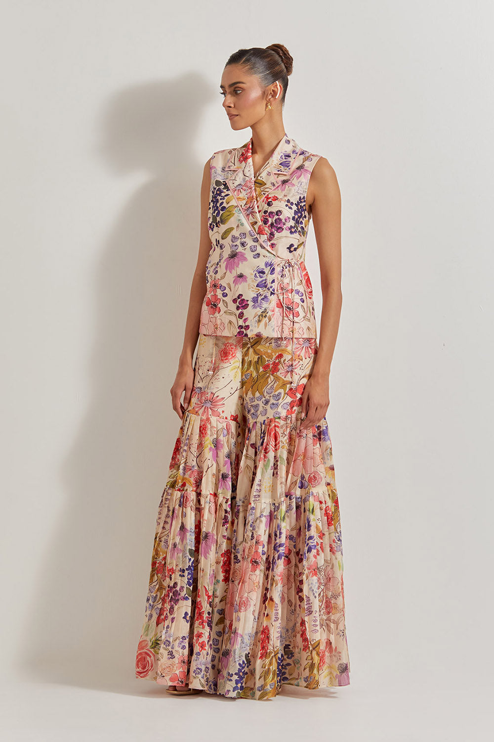 Blooming Burst Chanderi Wrap Top Paired With Chanderi Silk Sharara