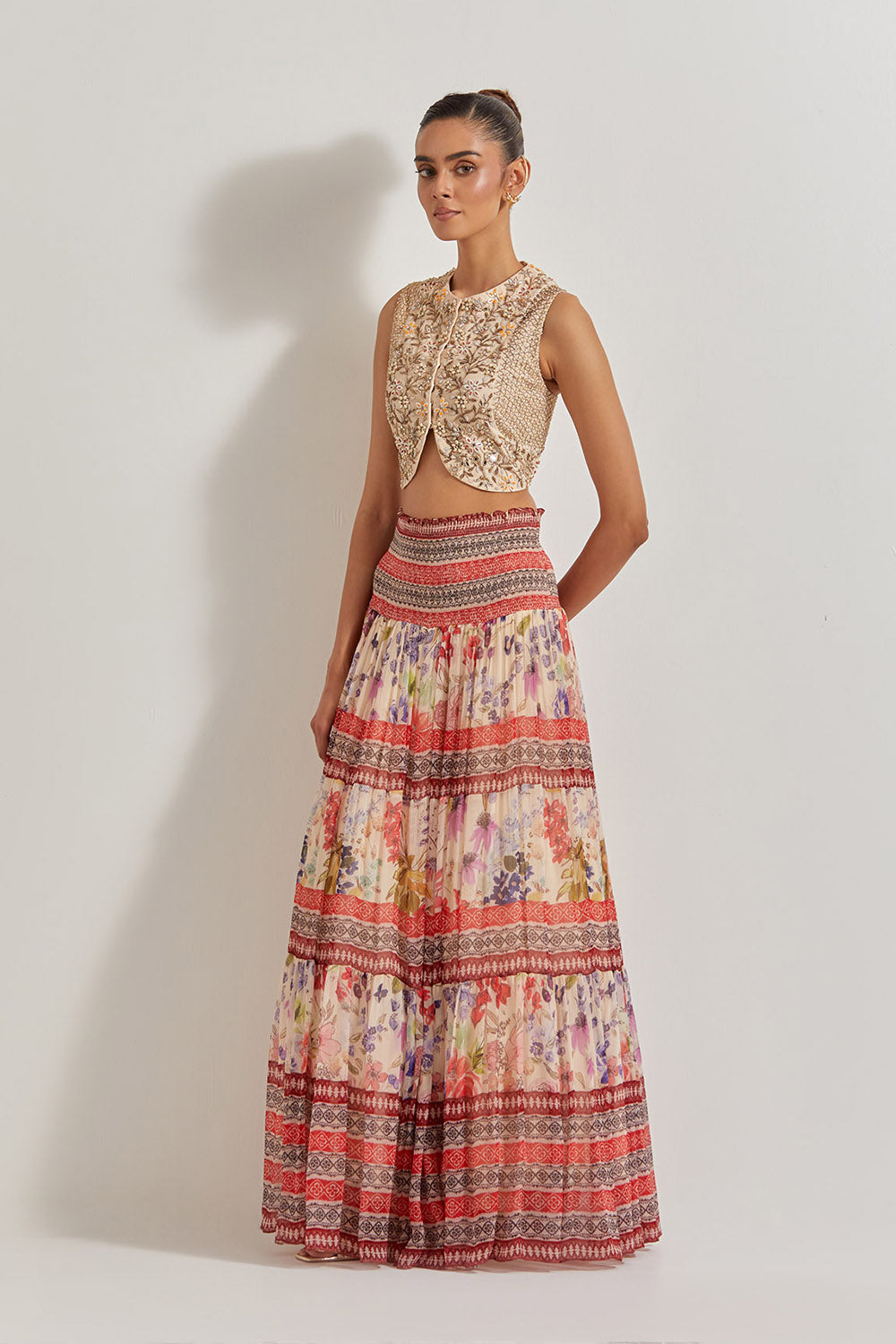 Blooming Burst Chiffon Tiered Skirt Paired With Hand Embellished Waist Coat