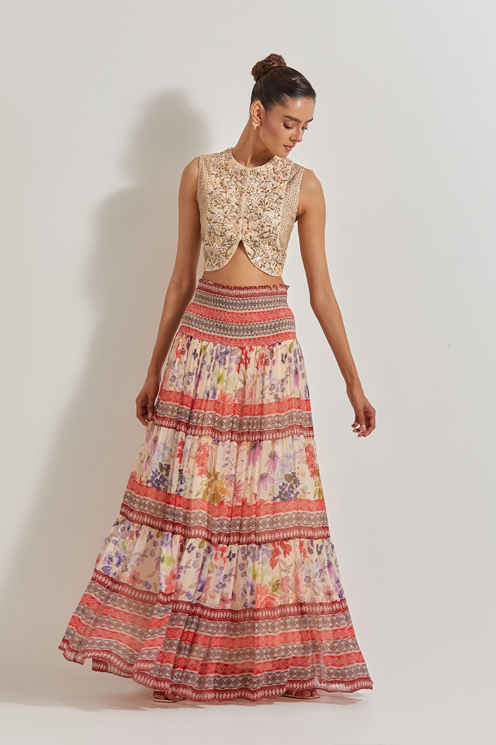 Blooming Burst Chiffon Tiered Skirt Paired With Hand Embellished Waist Coat