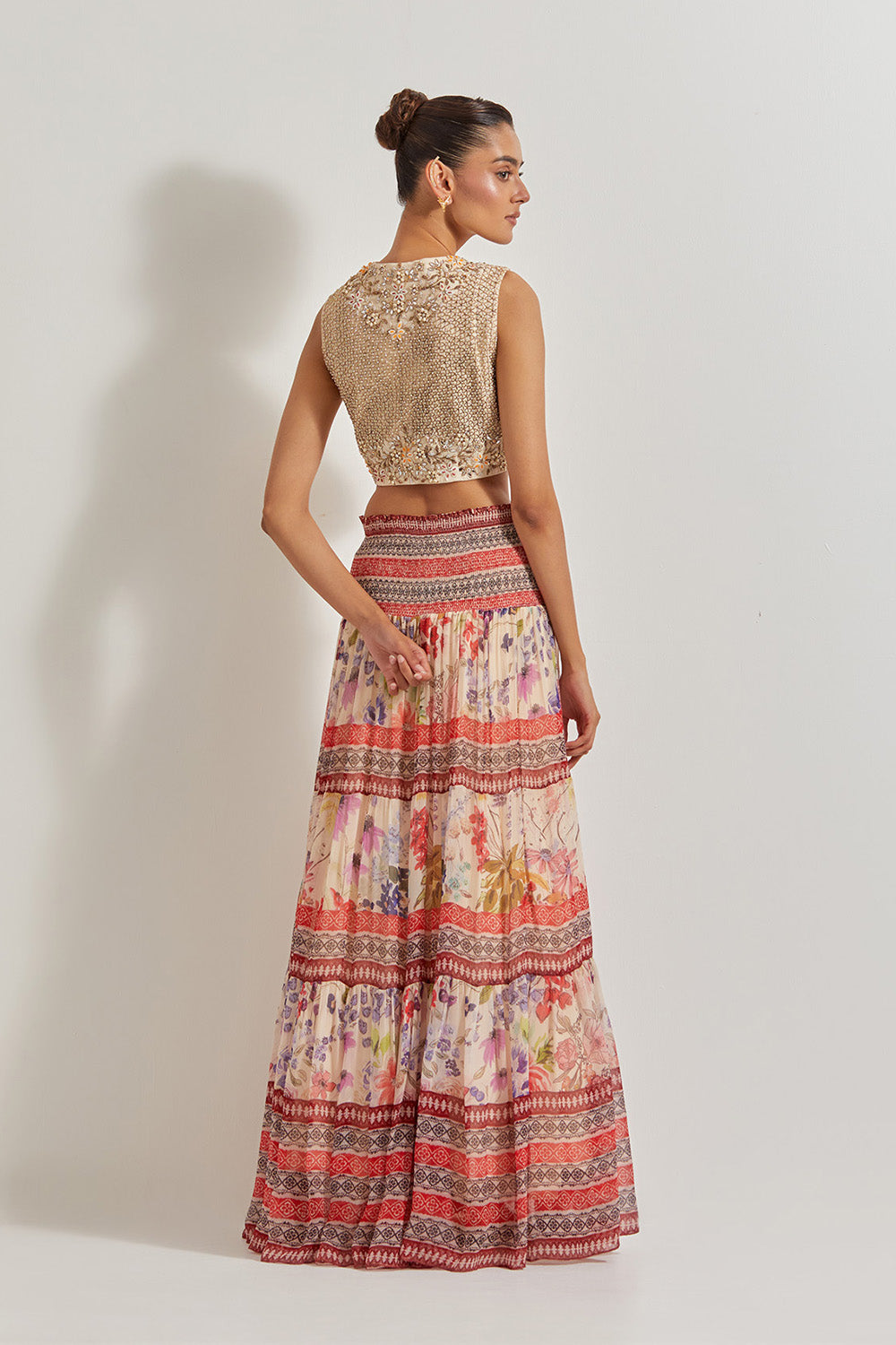 Blooming Burst Chiffon Tiered Skirt Paired With Hand Embellished Waist Coat