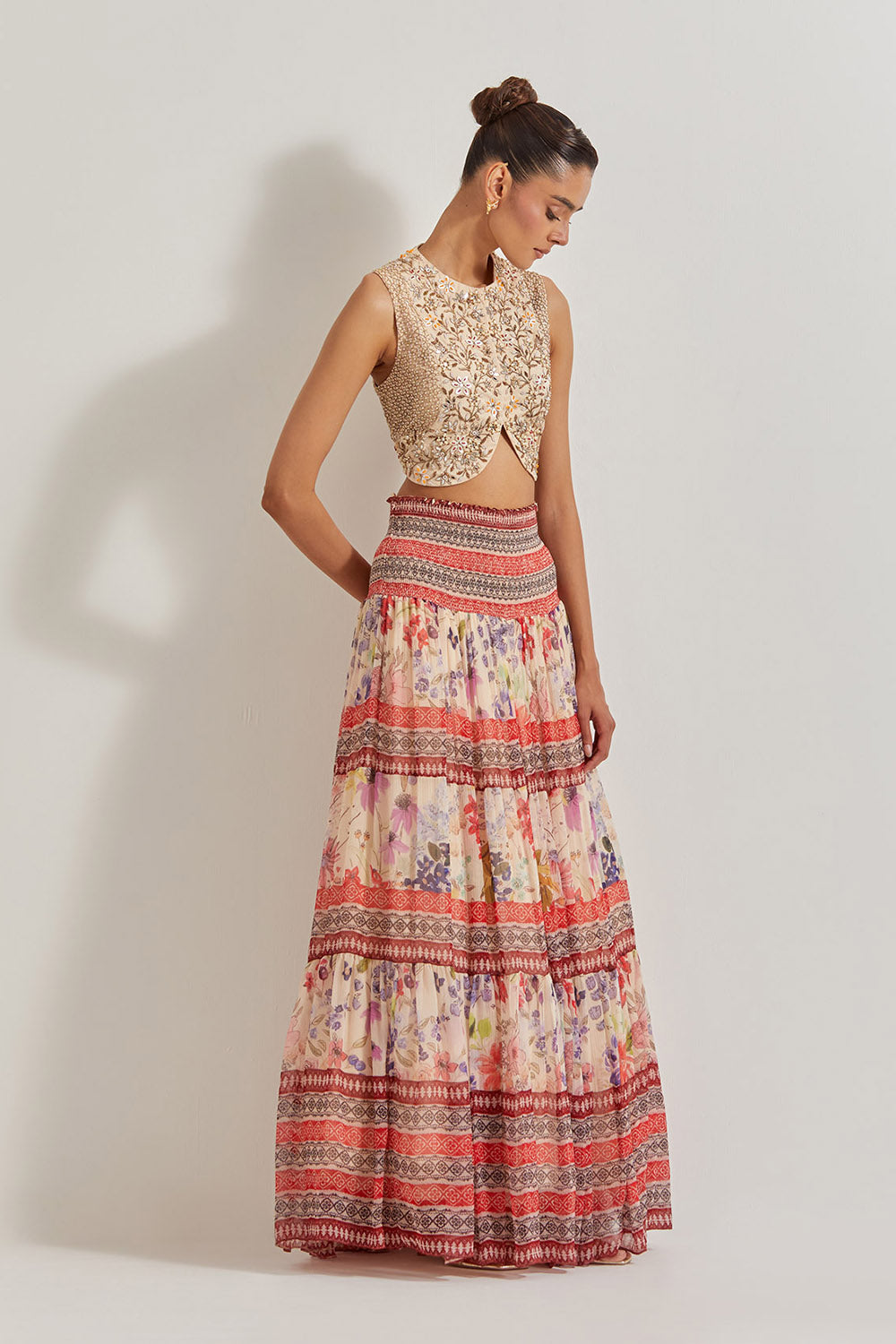 Blooming Burst Chiffon Tiered Skirt Paired With Hand Embellished Waist Coat
