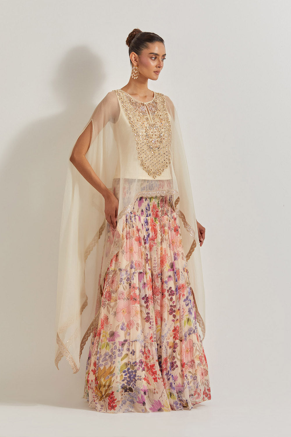 Blooming Burst Chiffon Tiered Skirt Paired With Organza Silk Hand Embllished Cape