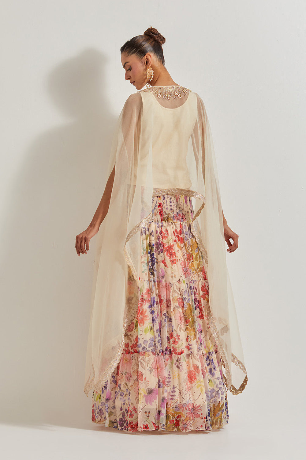 Blooming Burst Chiffon Tiered Skirt Paired With Organza Silk Hand Embllished Cape