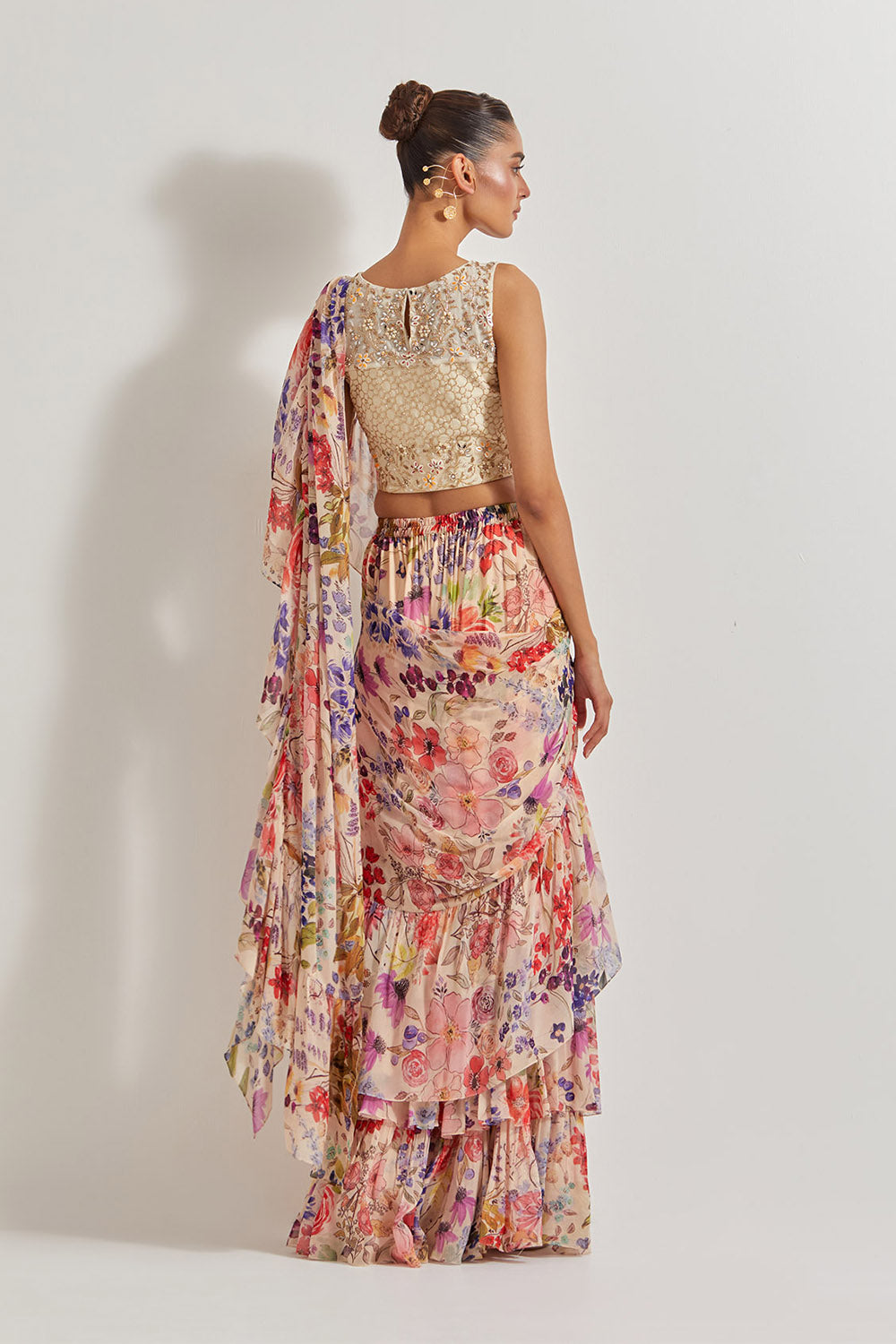 Blooming Burst Georgette Tiered Saree Paired With Hand Embellished Blouse