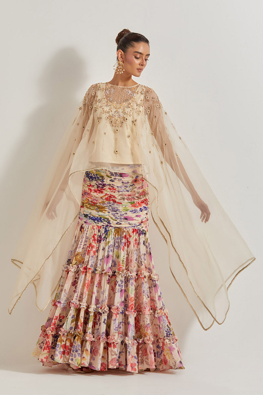 Blooming Burst Ruched Tiered Skirt Paired With Organza Silk Hand Embllished Cape