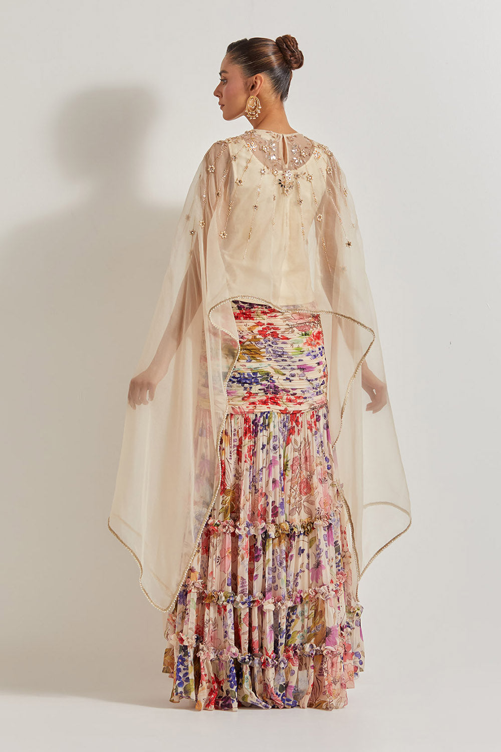 Blooming Burst Ruched Tiered Skirt Paired With Organza Silk Hand Embllished Cape