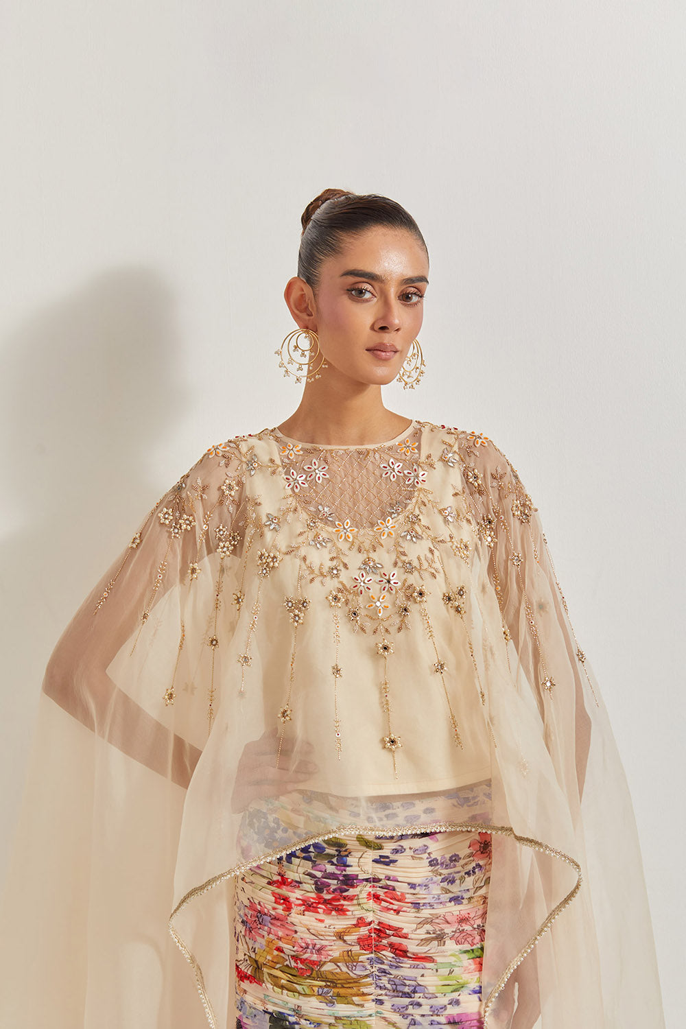 Blooming Burst Ruched Tiered Skirt Paired With Organza Silk Hand Embllished Cape