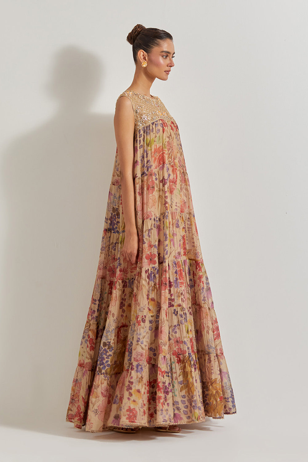 Blooming Burst Tissue Chanderi Tiered Hand Embellished Dress