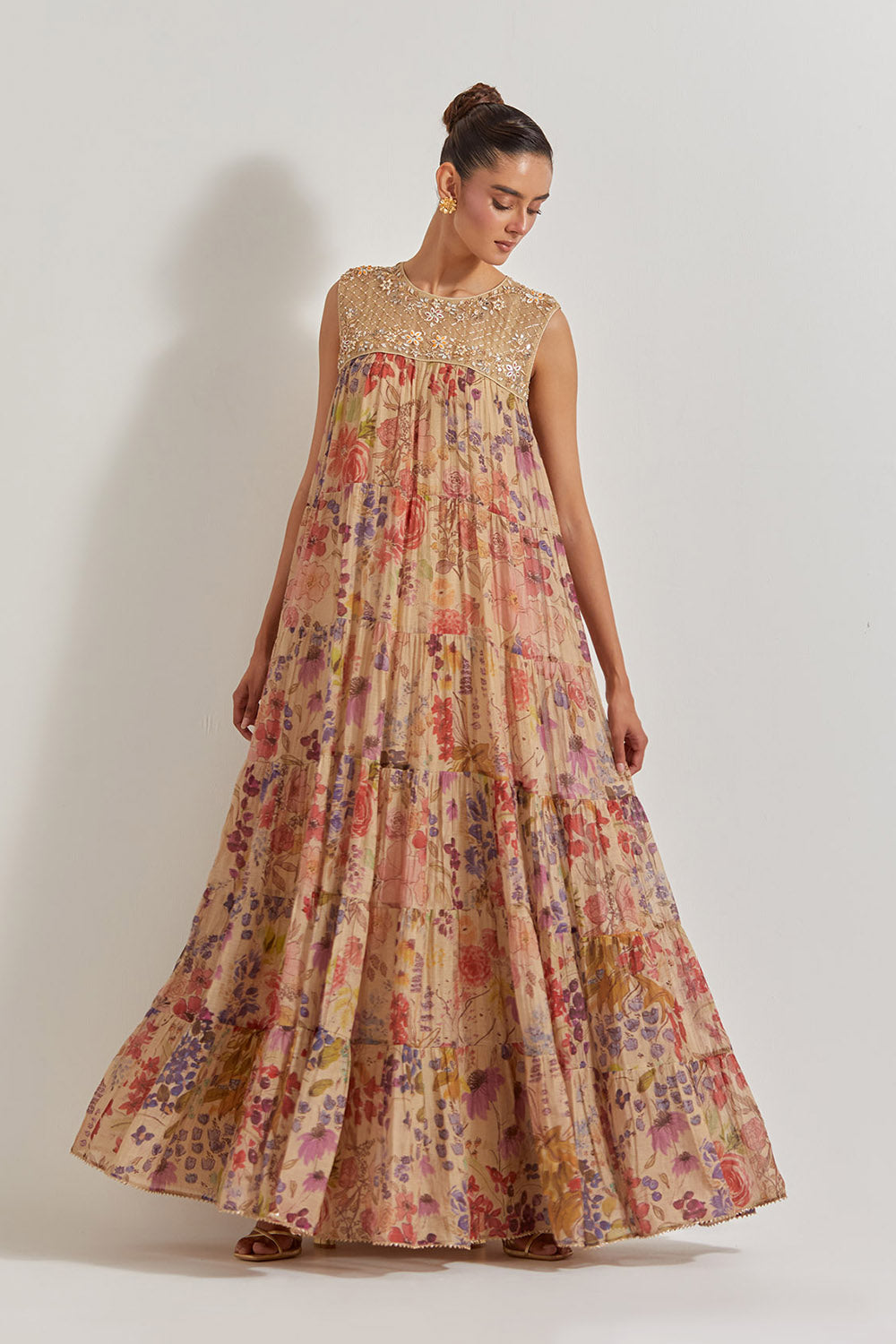 Blooming Burst Tissue Chanderi Tiered Hand Embellished Dress