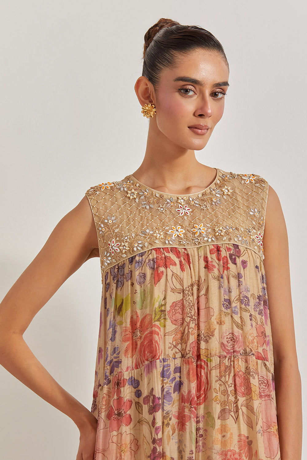 Blooming Burst Tissue Chanderi Tiered Hand Embellished Dress