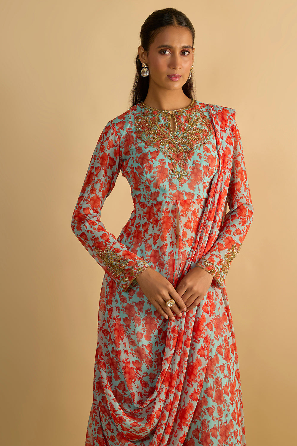 Blue and Orange Floral Printed Jacket Style Draped Kurta Hand Embroidered in Georgette with Silk Chiffon Gharara