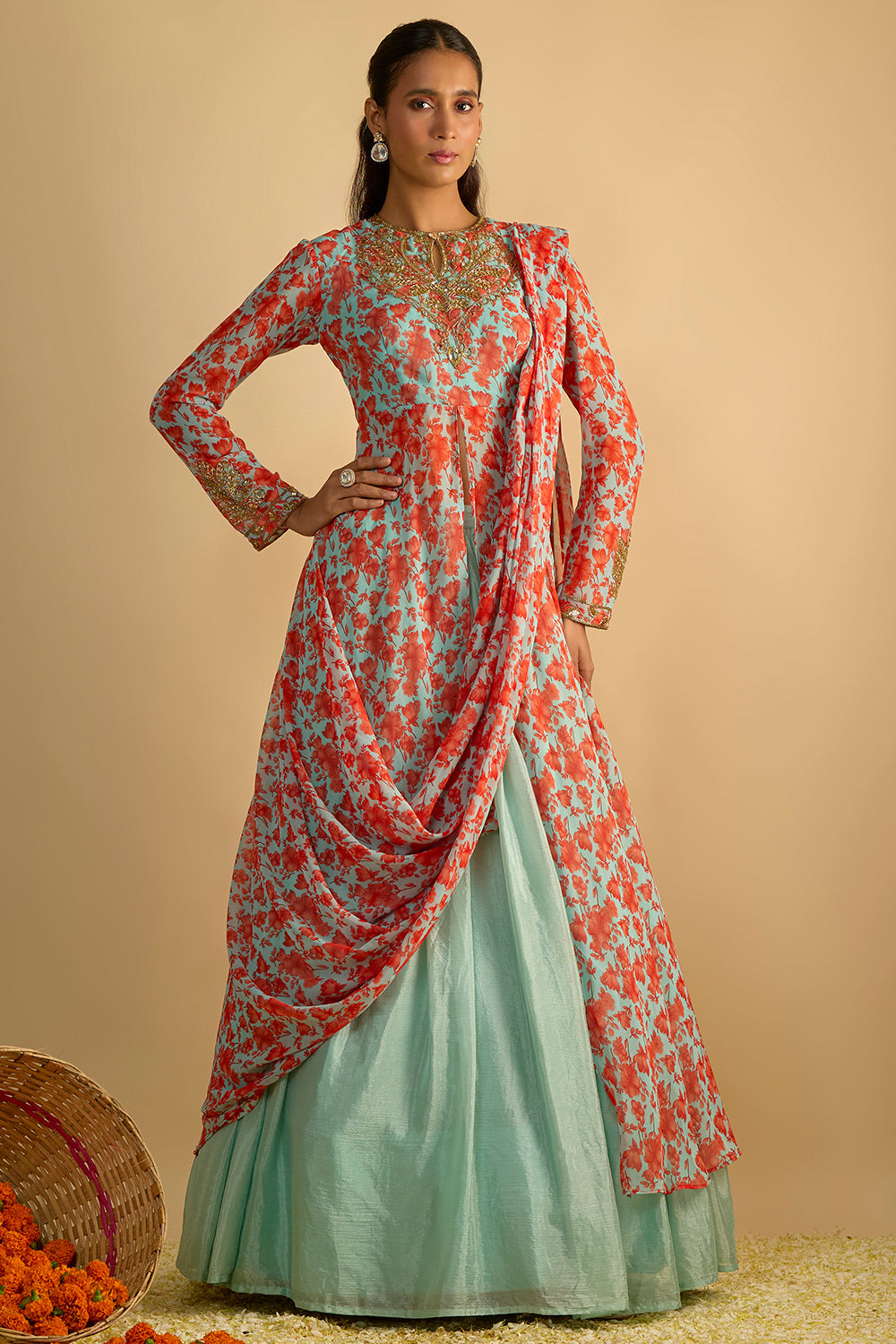 Blue and Orange Floral Printed Jacket Style Draped Kurta Hand Embroidered in Georgette with Silk Chiffon Lehenga