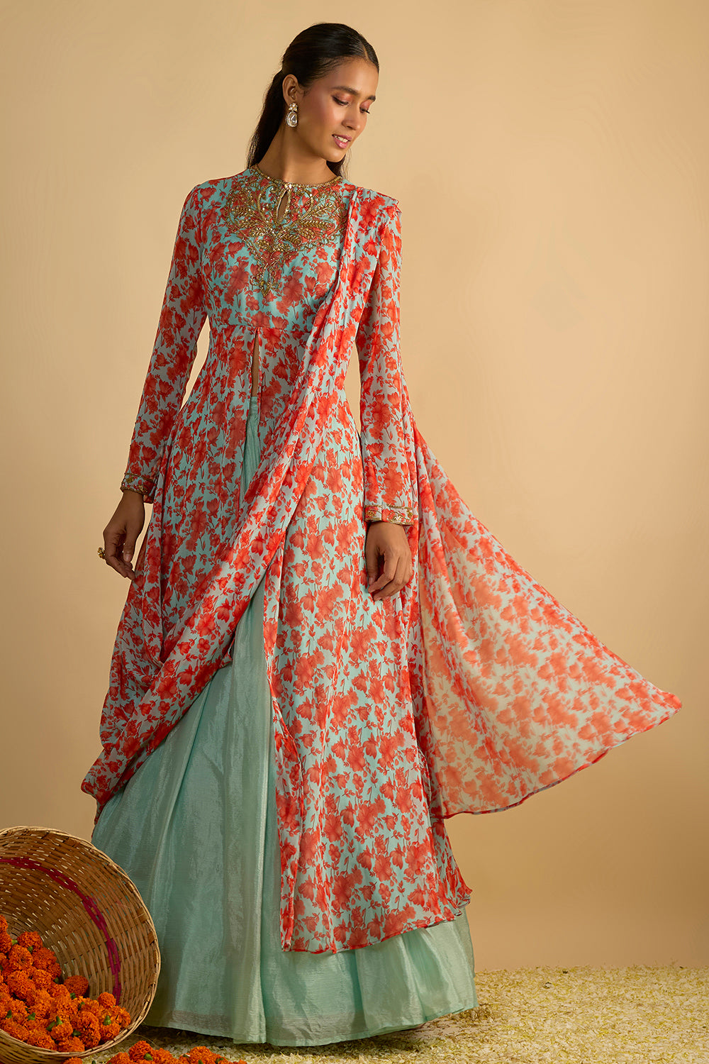 Blue and Orange Floral Printed Jacket Style Draped Kurta Hand Embroidered in Georgette with Silk Chiffon Lehenga