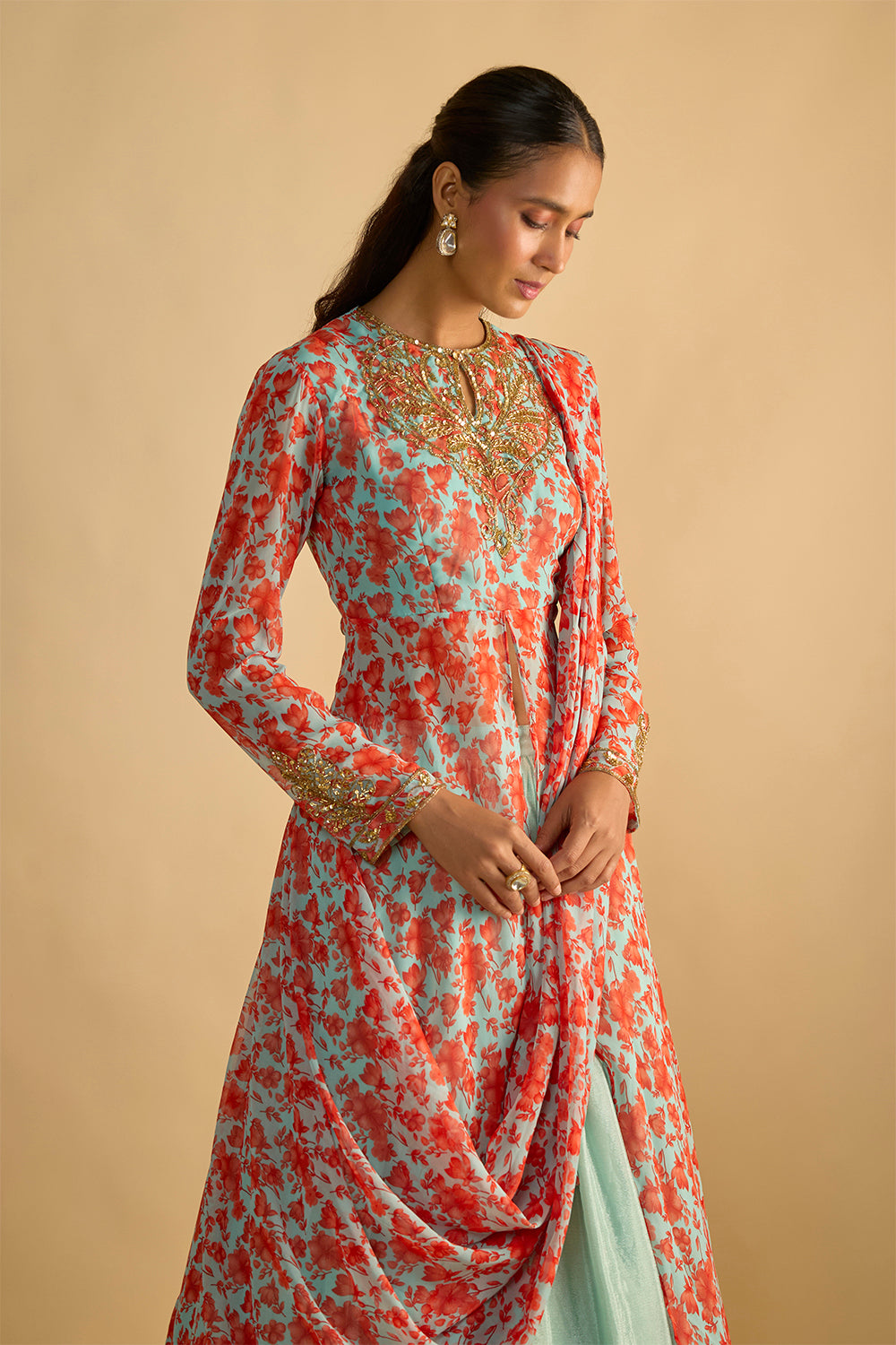 Blue and Orange Floral Printed Jacket Style Draped Kurta Hand Embroidered in Georgette with Silk Chiffon Lehenga