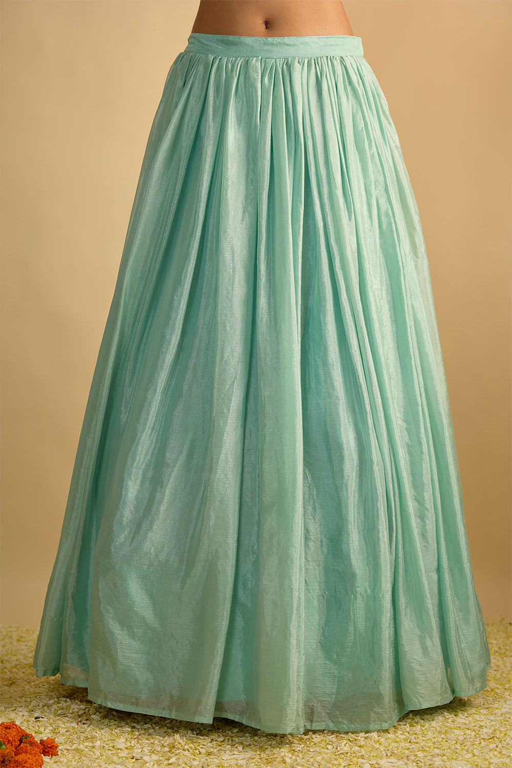 Blue and Orange Floral Printed Jacket Style Draped Kurta Hand Embroidered in Georgette with Silk Chiffon Lehenga