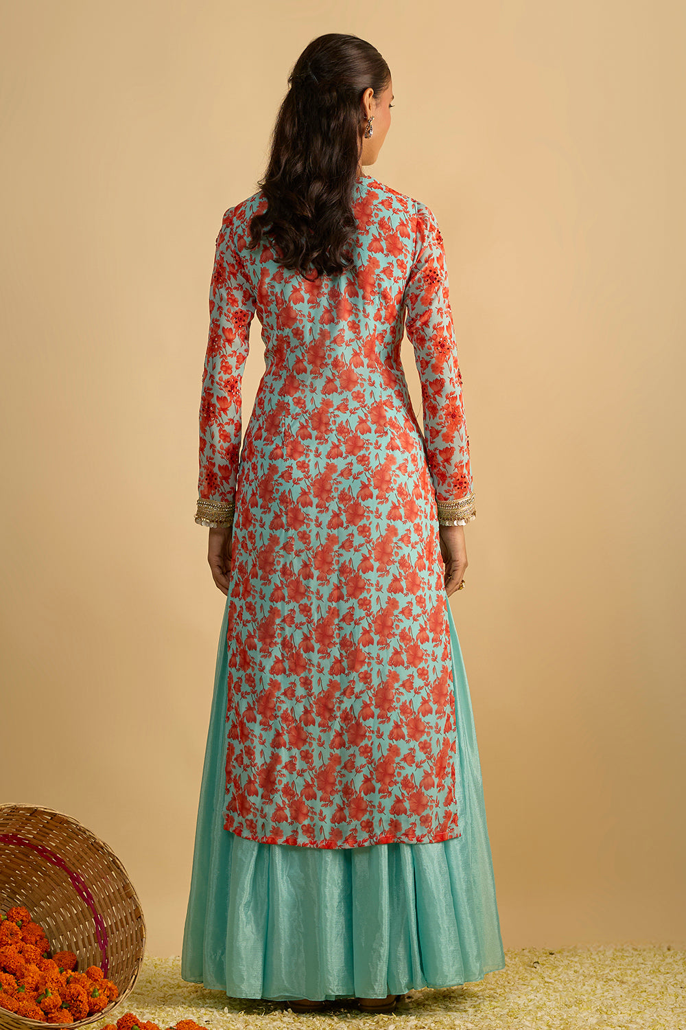 Blue and Orange Floral Printed Kurta Hand Embroidered in Georgette with Silk Chiffon Gharara and Chitta Work Organza Dupatta