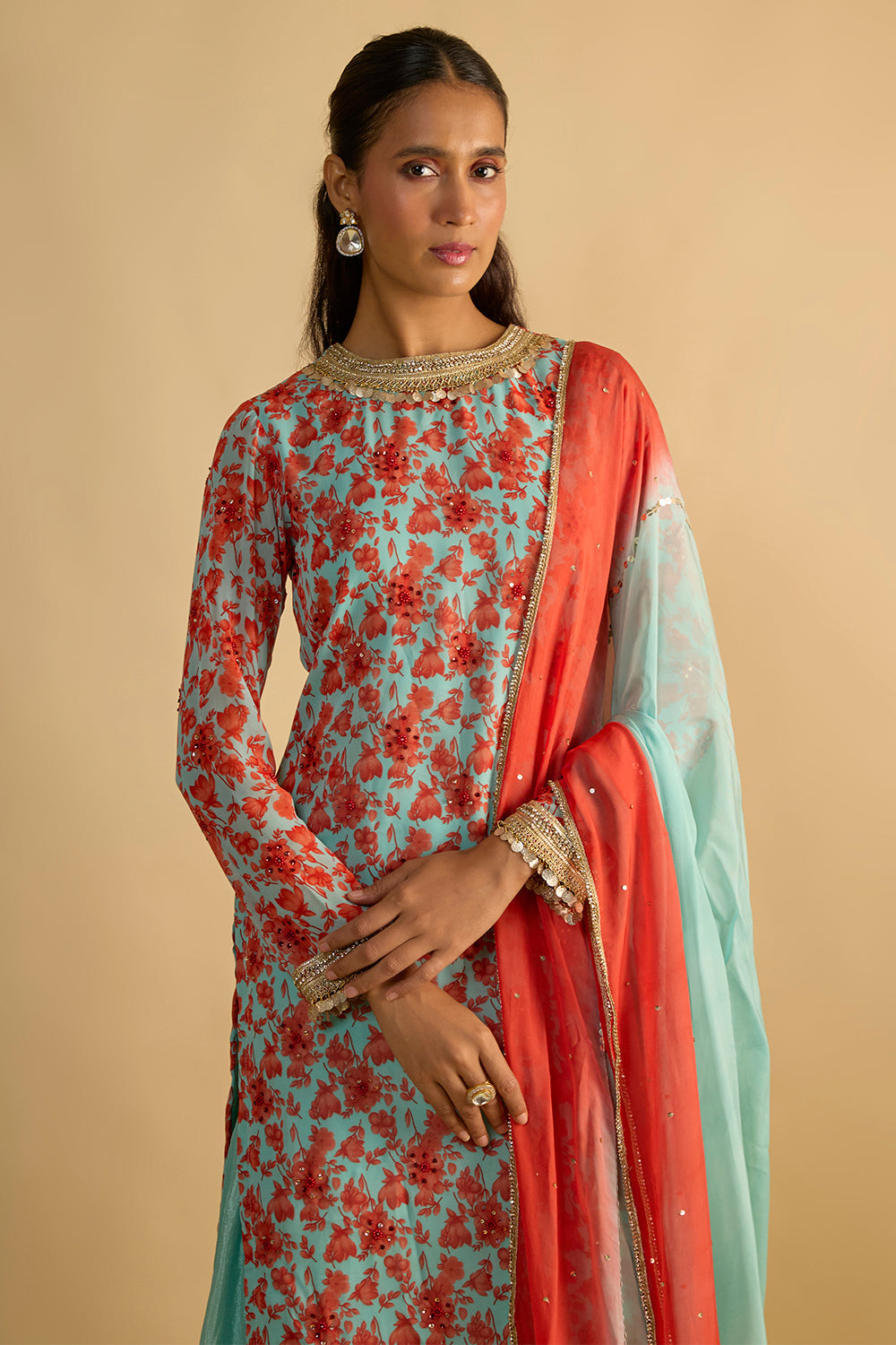 Blue and Orange Floral Printed Kurta Hand Embroidered in Georgette with Silk Chiffon Gharara and Chitta Work Organza Dupatta