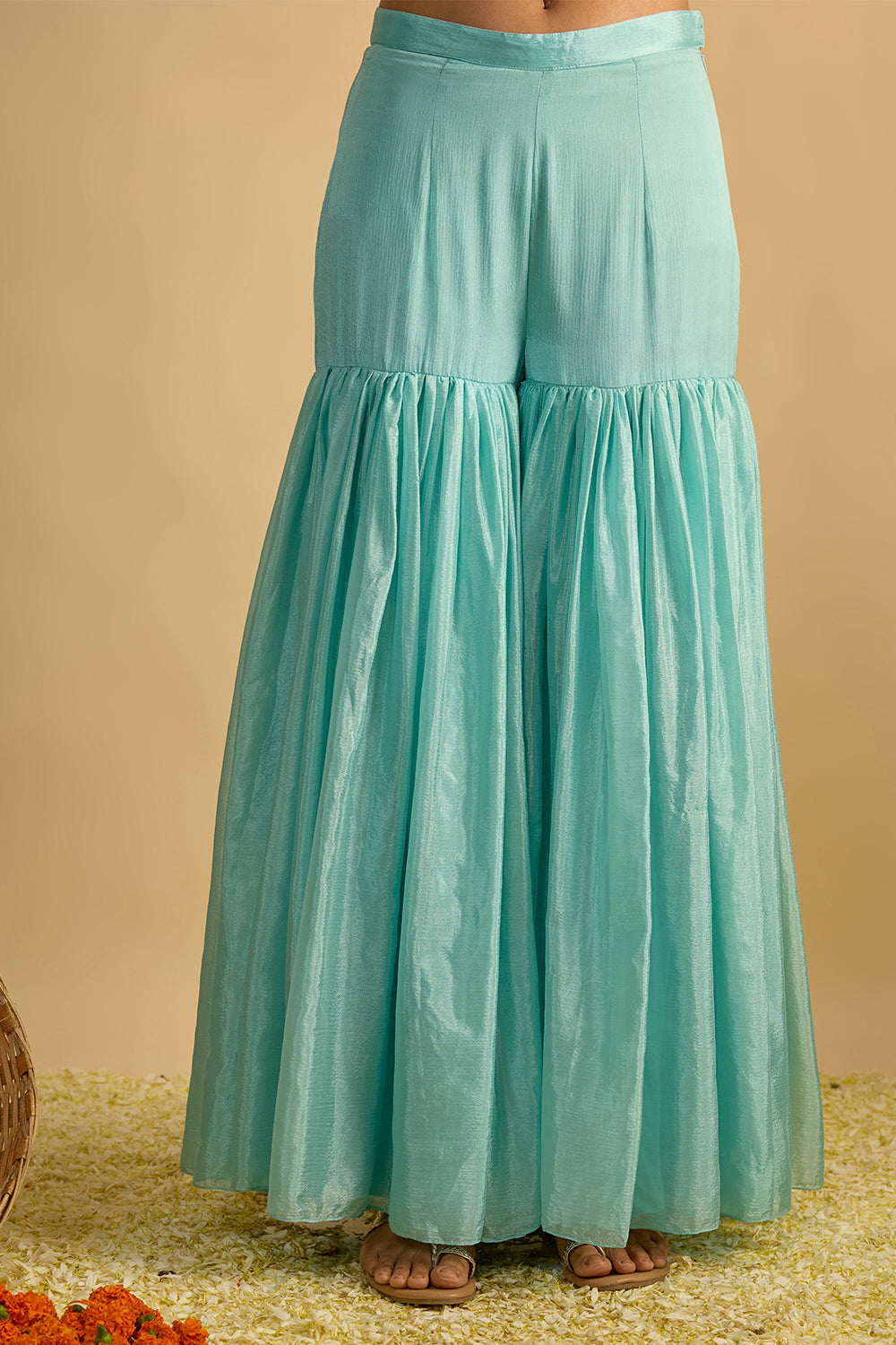 Blue and Orange Floral Printed Kurta Hand Embroidered in Georgette with Silk Chiffon Gharara and Chitta Work Organza Dupatta