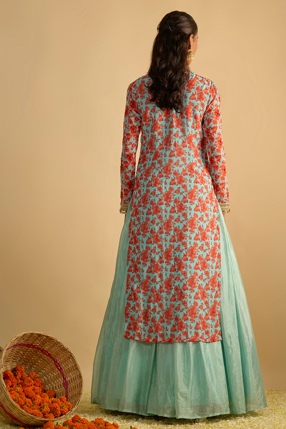 Blue and Orange Floral Printed Kurta Hand Embroidered in Georgette with Silk Chiffon Lehenga and Chitta Work Organza Dupatta