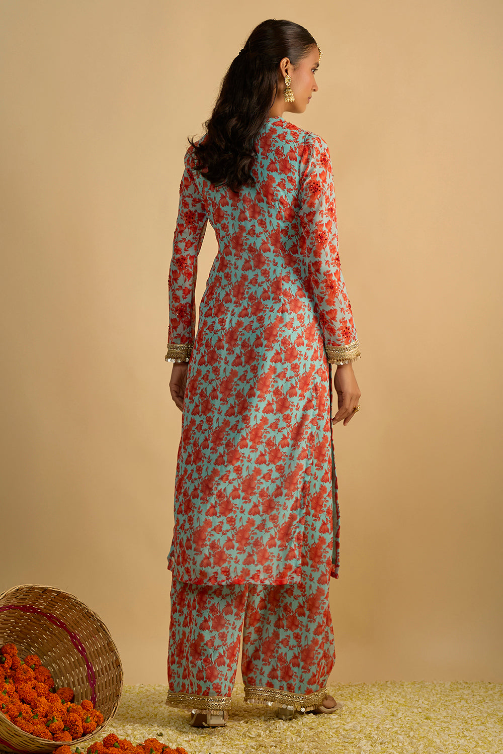 Blue and Orange Floral Printed Kurta Set Hand Embroidered in Georgette with Shaded Organza Chitta Work Organza Dupatta