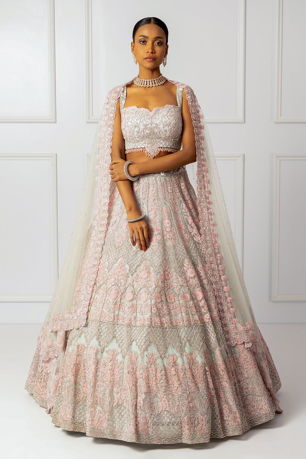 Blue and pink embroidered lehenga set
