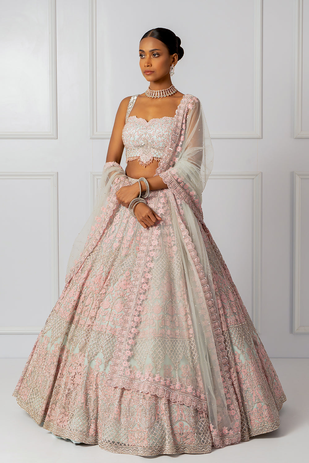 Blue and pink embroidered lehenga set